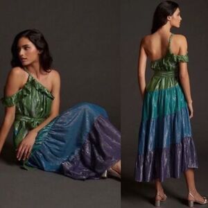 Anthropologie Maeve Metallic Ruffled One-Shoulder Color Block Belted Midi Dress